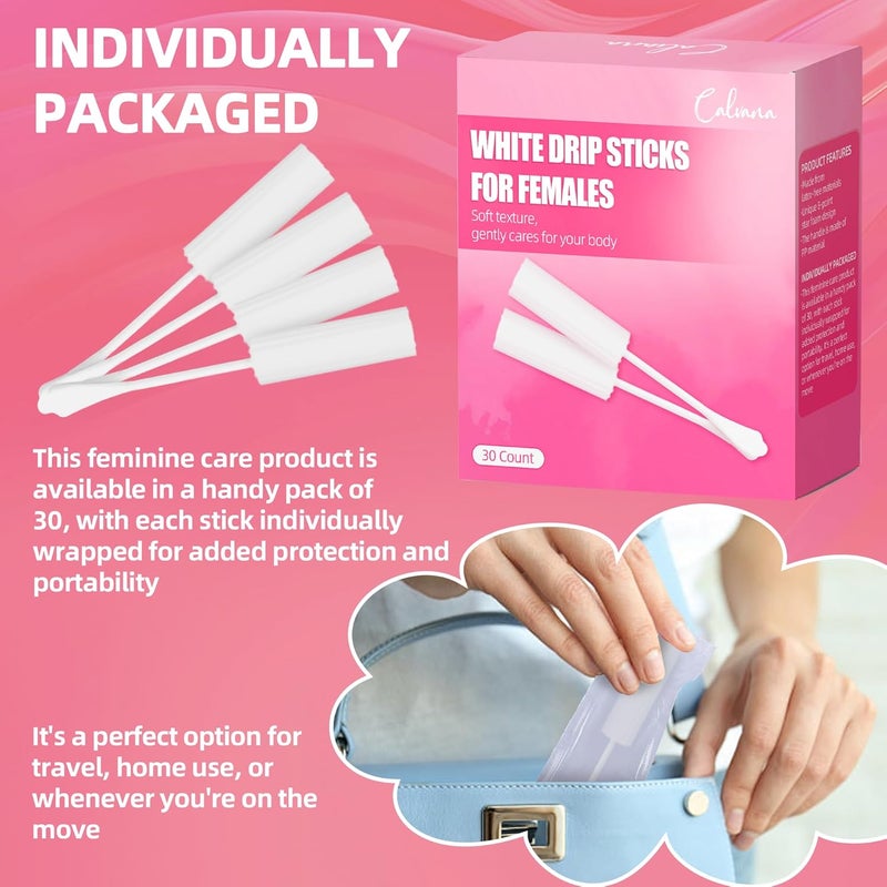 Calvana (30-Pack) White Drip Sticks for Females, Drip Stick Absorbing Sponge, Awkward Essentials, Soft and Comfortable Design, Long Handle Easy Grip, Individually Packaged - Image 5